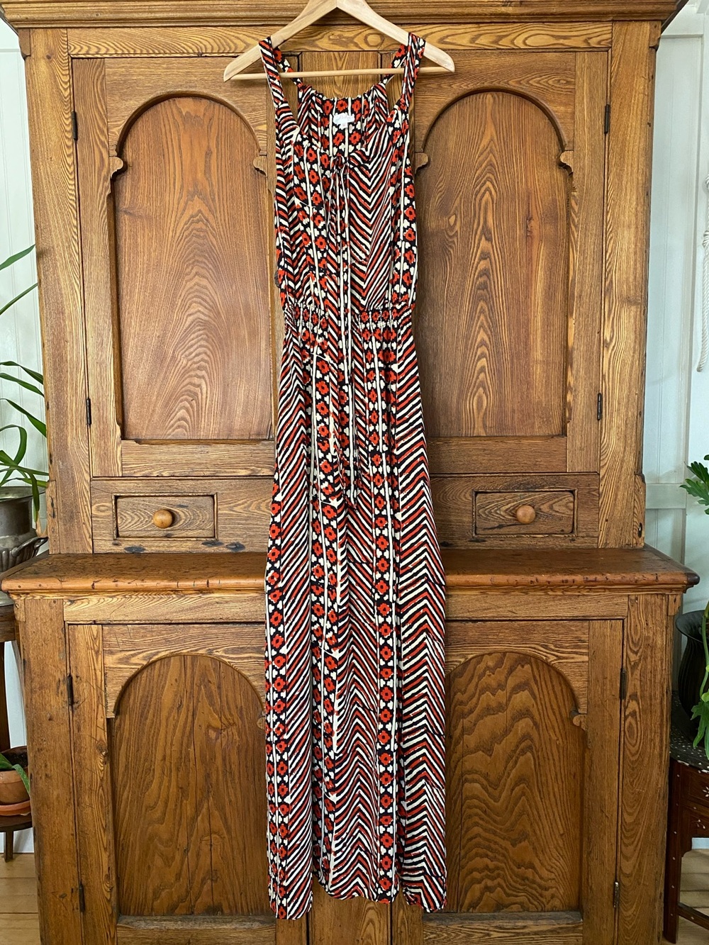 Parker silk maxi dress M tie racerback red orange black white geometric print